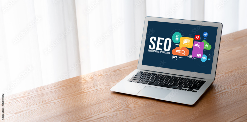 Aufkleber seo search engine optimization for modish e-commerce and online retail business showing on computer 