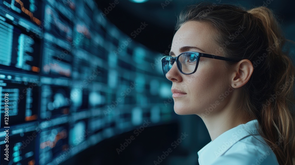 Aufkleber focused analyst observing data on multiple screens in modern office