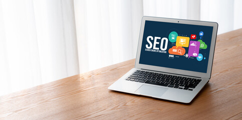 SEO search engine optimization for modish e-commerce and online retail business showing on computer...