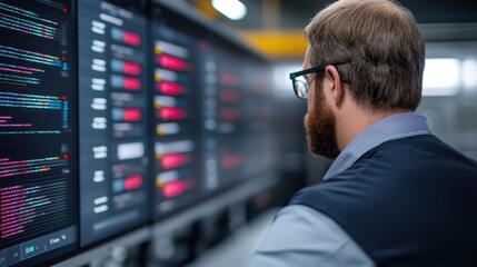 Professional Programmer Analyzing Code on Multiple Digital Screens