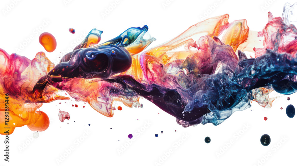 Poster colorful ink mixing in water creating abstract shapes on transparent background