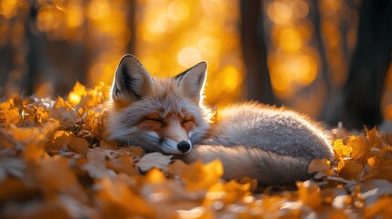 Fox resting peacefully among autumn leaves in serene forest
