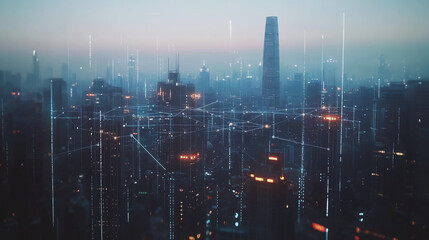 Fototapeta premium Abstract business man stands on Smart digital Innovation city with connection network reciprocity over the twilight cityscape. of future wireless digital city and social media networking systems