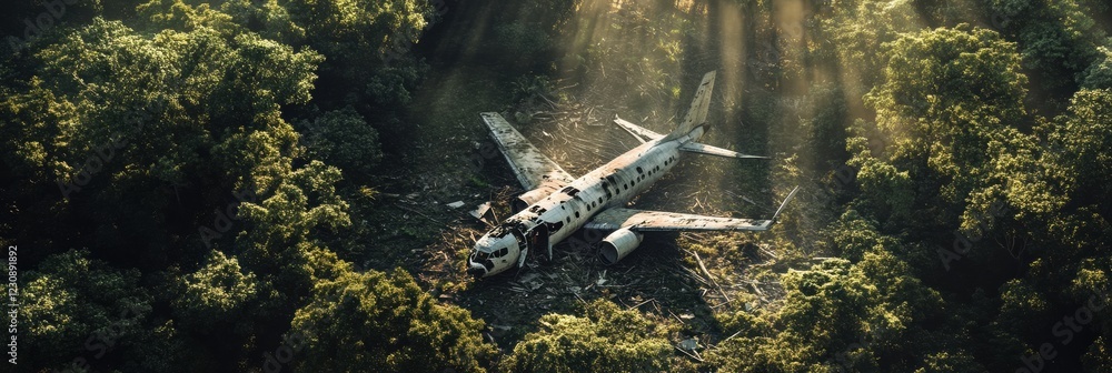 Poster aerial view reveals airplane debris in dense forest clearing illuminated by sunlight. generative ai
