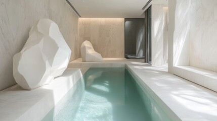 Elegant Indoor Pool Area with Abstract Sculpture and Minimalist Design with light and shadow
