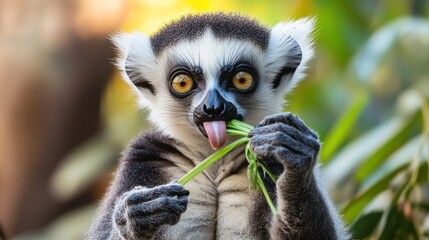 Ring-tailed lemur eating grass in rainforest