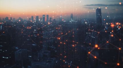 Fototapeta premium Abstract business man stands on Smart digital Innovation city with connection network reciprocity over the twilight cityscape. of future wireless digital city and social media networking systems