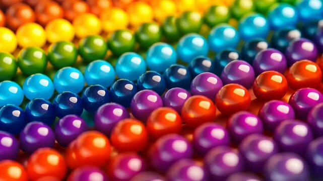 A macro shot of multicolored candy beads arranged in neat rows, creating a visually satisfying and cheerful image. High quality 4k footage