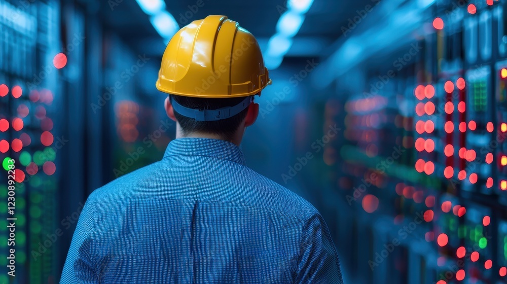 Poster technician in hard hat working in a modern data center environment
