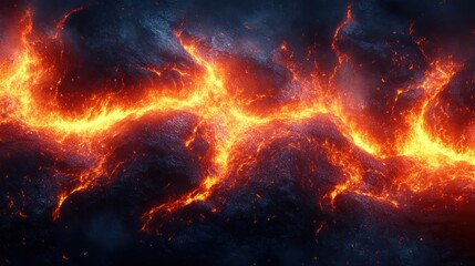 Fototapeta premium Fiery lava flows across dark volcanic rock, smoky background, ideal for fantasy design