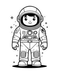 Cartoon astronaut in space suit. Vector illustration. Black and white.