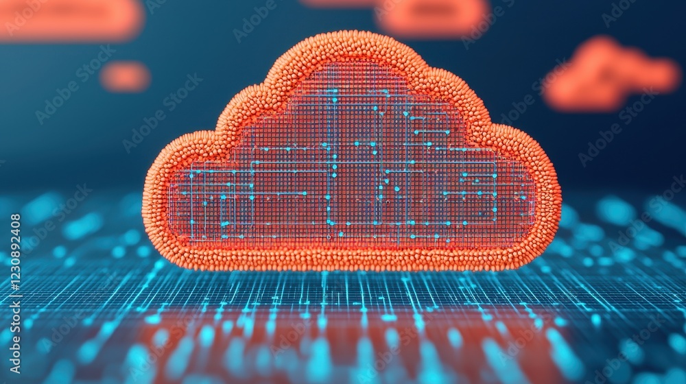 Poster digital cloud icon with data connections and neon background
