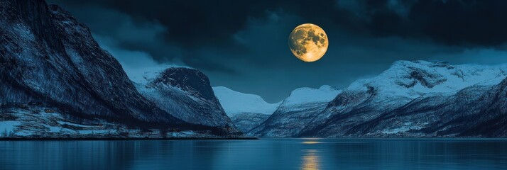Majestic Moonlit Fjord Surrounded By Snow Capped Mountains