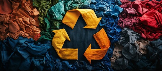 Colorful textile waste arranged around a central recycling symbol promoting sustainability