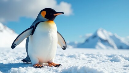 Fototapeta premium Happy penguin waddling on snow with big smile, cartoon, doodle, illustration