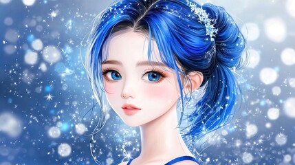 Blue-haired girl winter portrait, bokeh background, fantasy art, website header