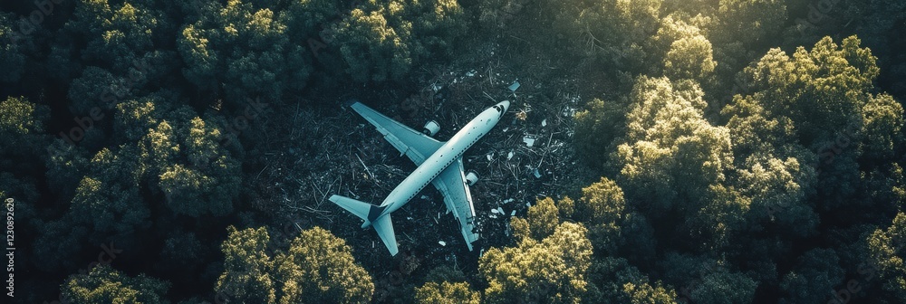 Poster Aerial view of forest with airplane wreckage scattered in a clearing during daylight. Generative AI