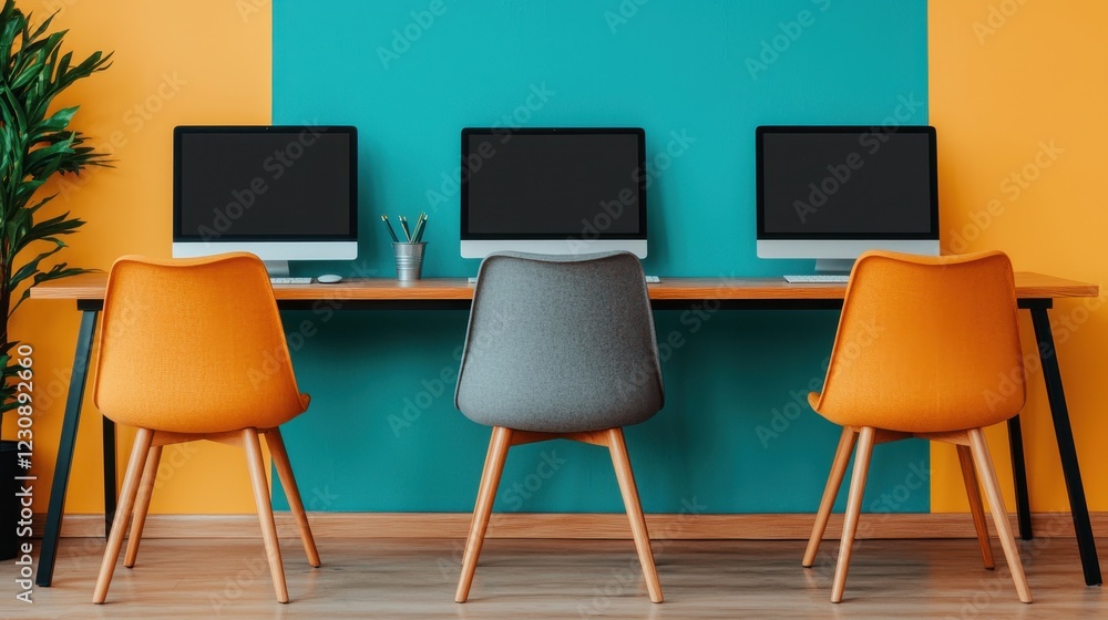 Poster modern workspace with colorful chairs and desktop computers