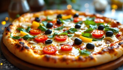 Delicious Vegetable Pizza with Fresh Basil and Olives