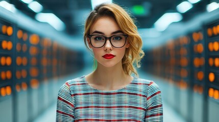 Young Woman with Glasses in Server Room Surrounded by Technology