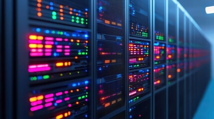 Colorful Server Lights in a Modern Data Center with Rack Equipment