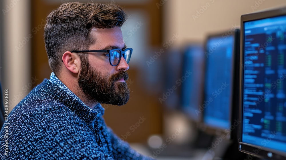 Poster focused male analyst working on computer in modern office setting