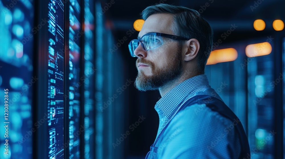 Aufkleber focused professional analyzing data in high-tech environment
