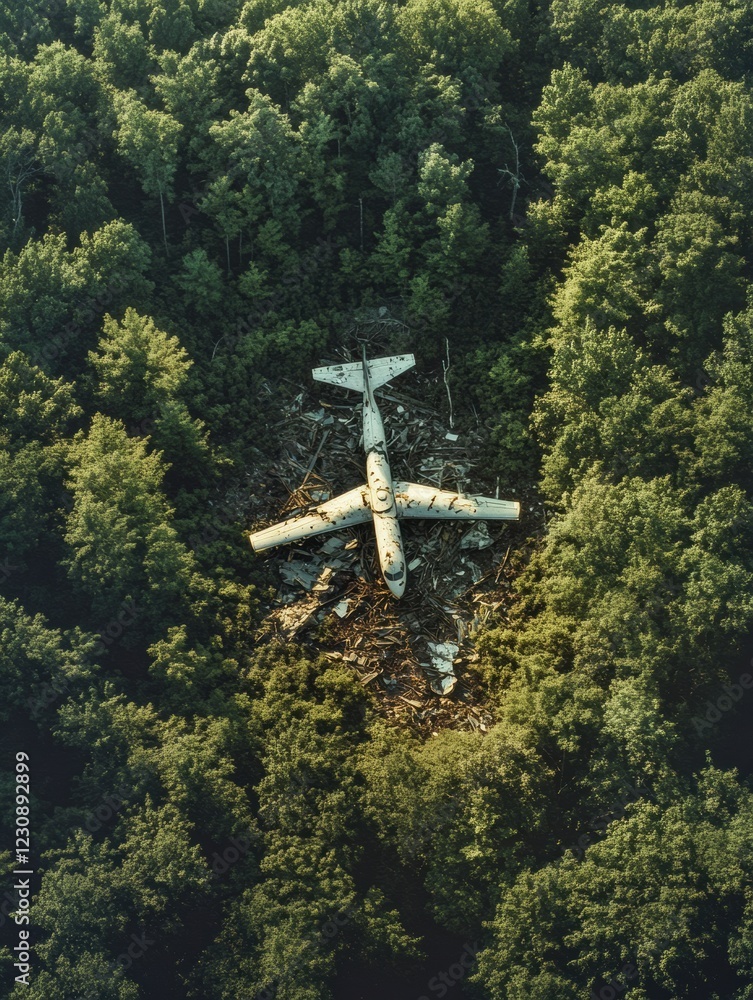Poster dense forest covering airplane debris scattered across the ground in a remote area. generative ai