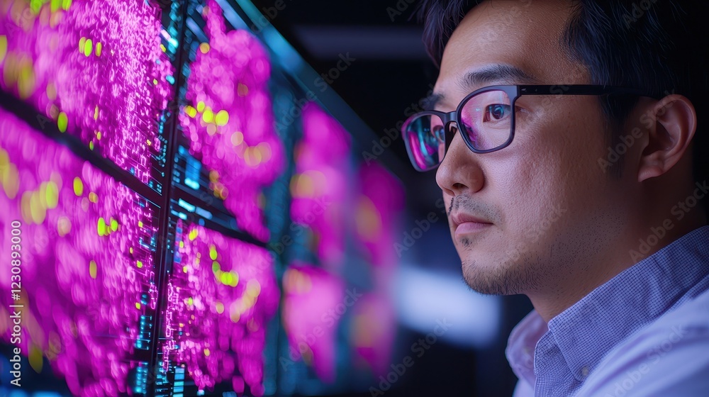 Poster focused data analyst examining colorful visualization on screen