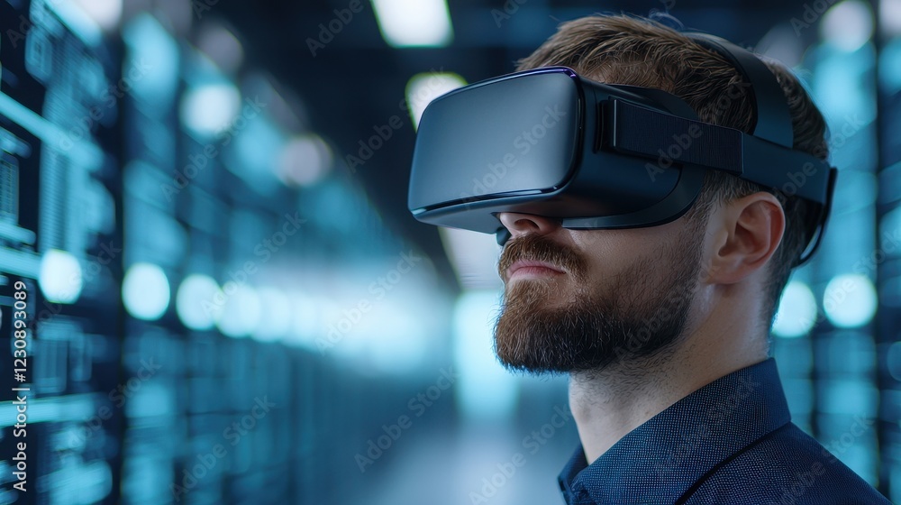 Poster man wearing virtual reality headset in a high-tech environment