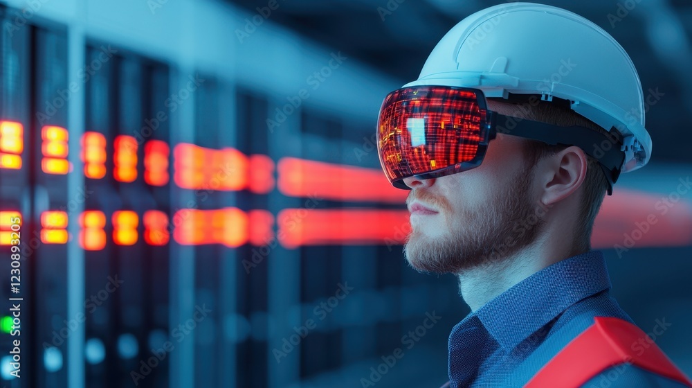Aufkleber engineer in hard hat using vr technology in data center environment