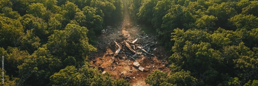 Poster dense forest covers airplane debris in a remote location under bright sunlight. generative ai
