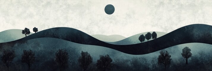 Serene Rolling Hills Landscape Under a Dark Sun
