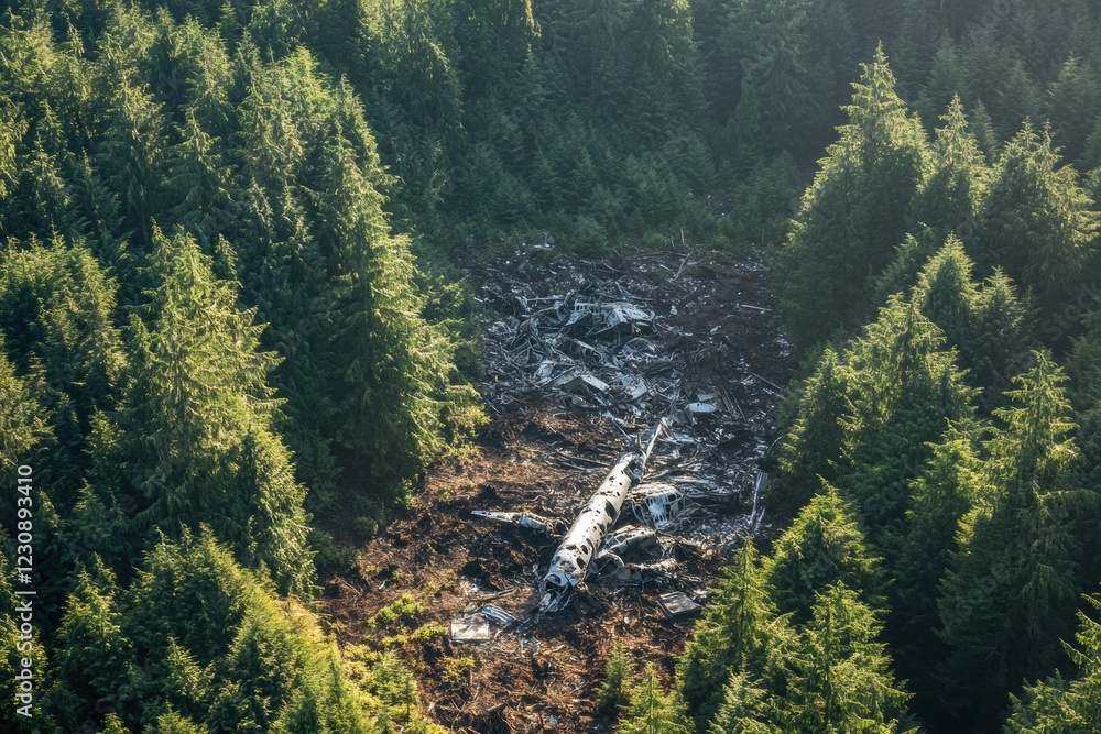 Poster wreckage scattered in a dense forest reveals the aftermath of an aerial incident near remote wildern