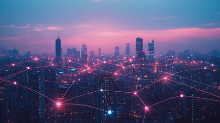 Fototapeta premium Abstract business man stands on Smart digital Innovation city with connection network reciprocity over the twilight cityscape. of future wireless digital city and social media networking systems