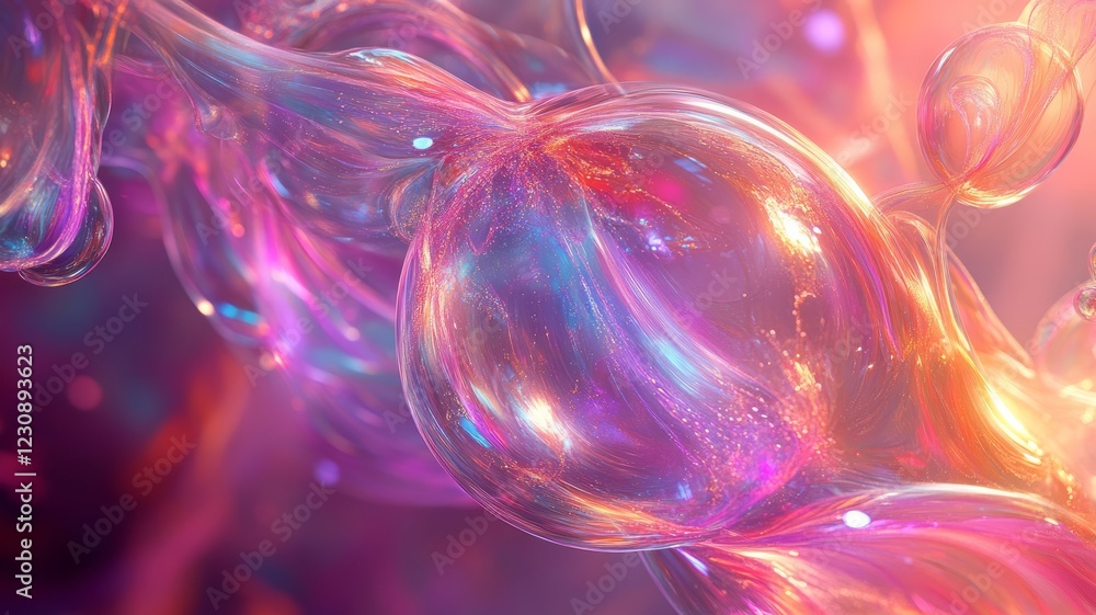 Poster abstract iridescent fluid forms with glowing particles.
