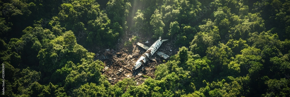 Poster dense forest reveals airplane debris scattered across the ground with sunlight filtering through the