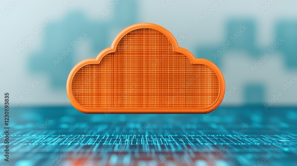 Aufkleber bright orange cloud icon on digital background with data patterns