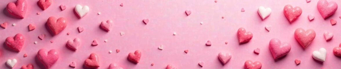 Obraz premium Pink backdrop strewn with numerous sugar hearts , confectionery, sugar hearts, sugar