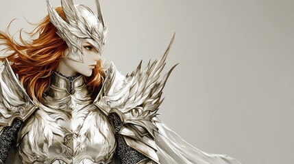 Female warrior, silver armor, windswept hair, fantasy portrait, game art
