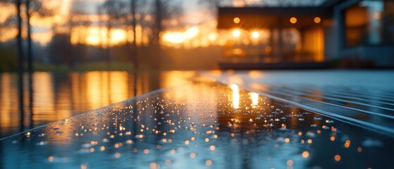 Obraz premium Tranquil sunset reflecting on rain-soaked patio