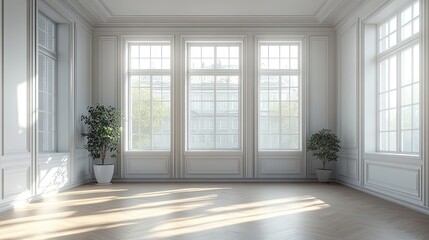 Empty white room with large windows and hardwood floor.