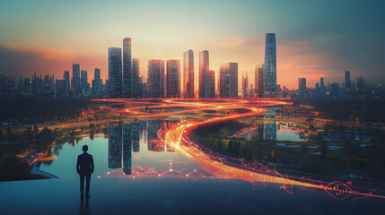 Obraz premium Abstract business man stands on Smart digital Innovation city with connection network reciprocity over the twilight cityscape. of future wireless digital city and social media networking systems