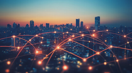 Obraz premium Abstract business man stands on Smart digital Innovation city with connection network reciprocity over the twilight cityscape. of future wireless digital city and social media networking systems