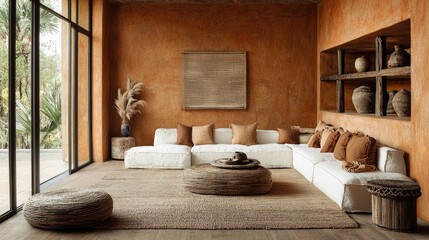 Warm earth-toned living room with woven textures, rustic decor, large windows, and cozy seating area for relaxed atmosphere