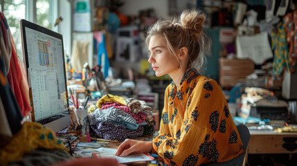 Obraz premium Young woman working at fashion design studio desk with computer amidst colorful fabrics, concentrated on creative project, bright and inspiring