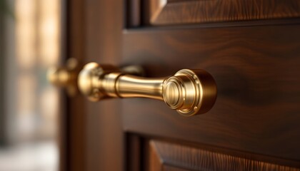 Obraz premium Elegant Gold Door Handle on Rich Wooden Door