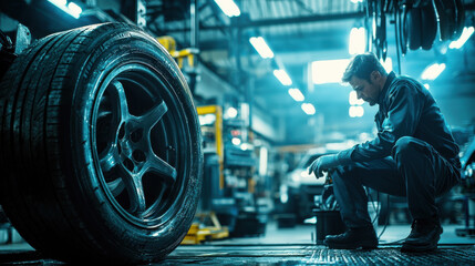 Mechanic in automotive workshop examining car tires in industrial repair garage with focus on maintenance and vehicle care