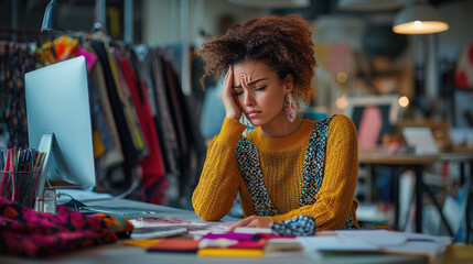 Fototapeta premium Young african woman in colorful sweater feeling frustrated while working at desk in creative clothing studio with computer and fabrics