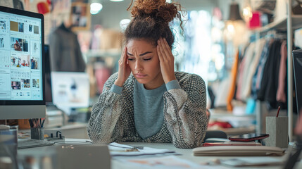 Stressed young woman in fashion studio struggling with deadlines, surrounded by computers and fashion designs